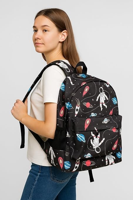 Image of Kids Backpack, Space Explorer Theme, Rocket Print, Black, School Bag for Boys