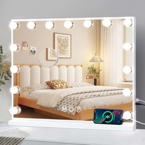 Lasola 女優ミラー ハリウッドミラー 化粧鏡 女優鏡 ライト付き化粧かがみ 鏡 大きめ 卓上/壁掛け両用可能 三色照明モード タッチ式 明るさ無段階調光 ledメイク 鏡 15個LED電球付き 10倍拡大鏡付き 58x43cm 白