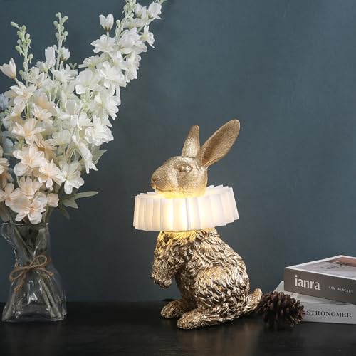 LAZHUG Scarf Rabbit Table Lamp,Resin Crafted Gold Bunny Lamp Featuring White Pleated PC Lampshade,USB Plug,Energy-Efficient Nightstand Lamp (Gold Standing)