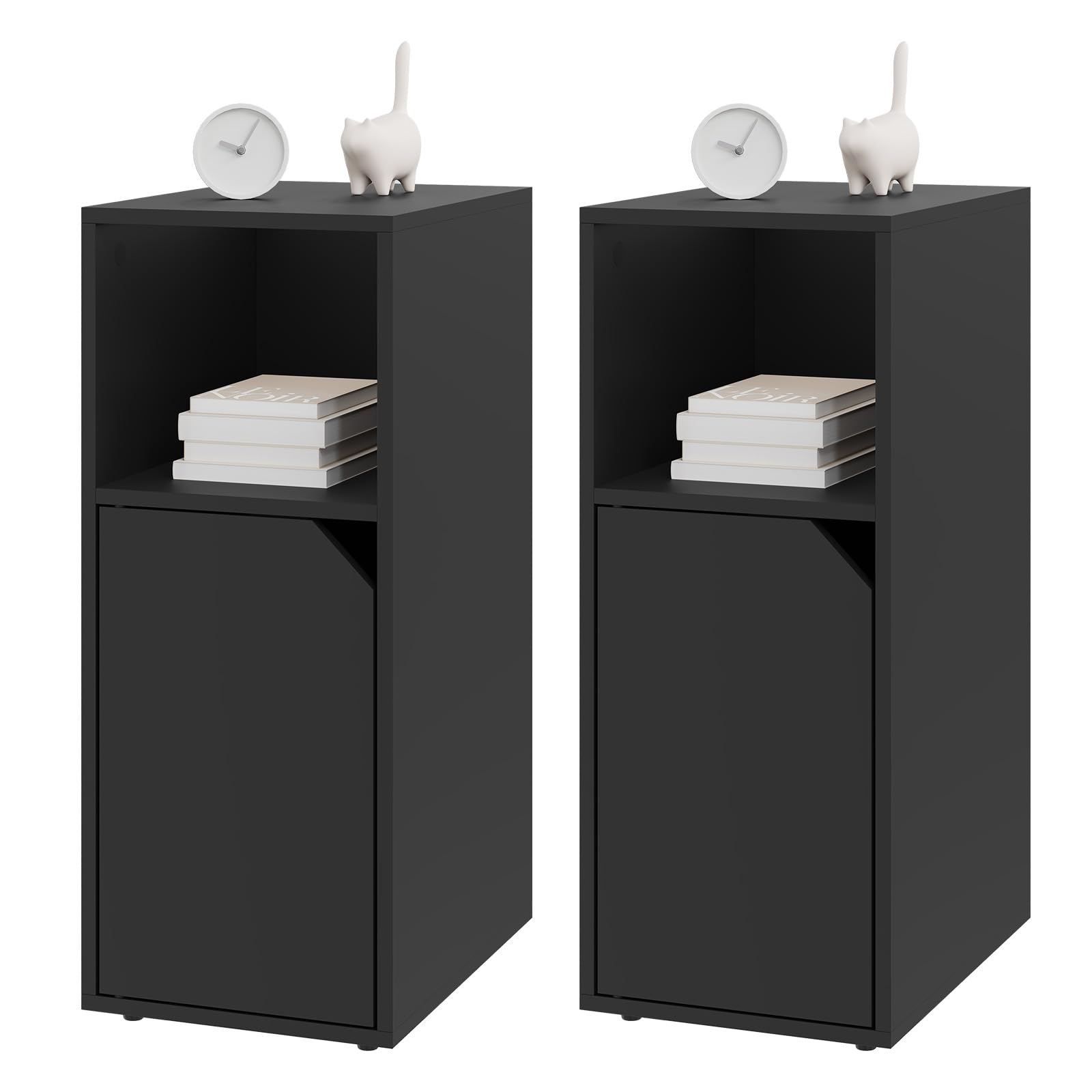 WOLTU 2er Set Nachttisch schmal, Beistelltisch mit offenem Fach und Tür, Verstellbarer Ablage, 25x62x35 cm, Nachtschrank Bett, Nachtkästchen Nachtkommode modern, für Schlafzimmer, Schwarz, NTS16sz-2