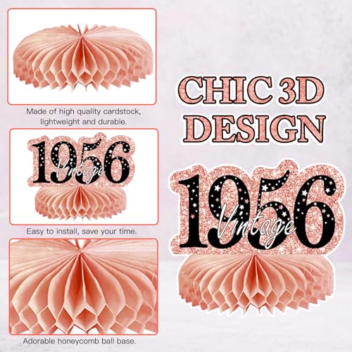 Image of 9Pcs 70th Birthday Decorations Honeycomb Centerpieces for Women, Rose Gold Pink Happy 70th Birthday Centerpieces Tables Toppers Party Decorations Supplies, Vintage 1956 Aged Table Sign Decor