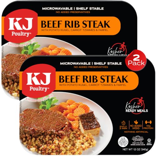 Image of KJ Poultry Kosher Ready Meals - Beef Rib Steak & Kugel, MRE Meat Meals Ready to Eat, Shabbos Food (2 Pack) Prepared Entree Fully Cooked, Shelf Stable Microwave Dinner Travel Military Camping Survival