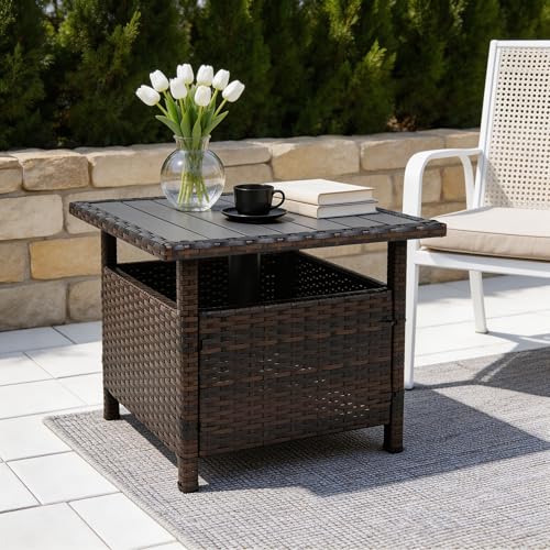 Sundale Outdoor Patio Umbrella Stand All Weather Wicker Rattan 22 in Umbrella Table Garden Furniture Deck Pool Table, Brown