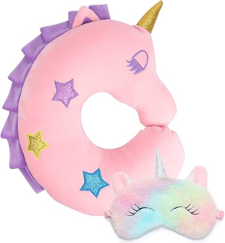 Almohada de viaje para niños, almohada de cuello de unicornio para niños pequeños para viajar en el asiento de automóvil, suave caricatura en forma