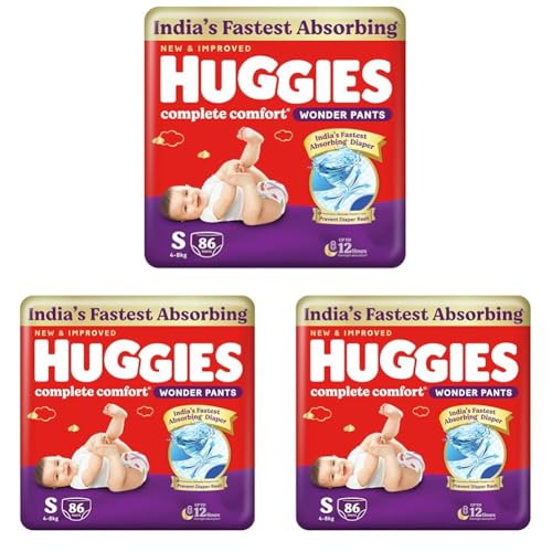 Image of Huggies Complete Comfort Wonder Pants | Pant Style Baby Diapers Small Size (S), 86 Count | India's Fastest Absorbing Diaper, Prevents Diaper Rash, Ideal for 4 to 8 Kgs (Pack of 3)
