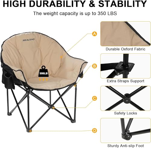 REALEAD Heated Camping Chair Oversized | Heated Folding Chairs for Outdoor Sports with Fully Thick Padded | Heating Camp Chair for Adults Heavy Duty | Support 350lbs | Battery NOT Included