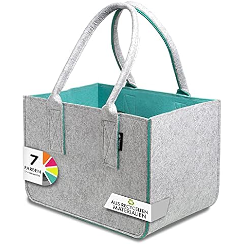 Tebewo Felt shopping bag, large shopping bag with handle, shopping basket, foldable firewood bag for storing wood, versatile carry bag also for toys, colour: grey/turquoise Cover