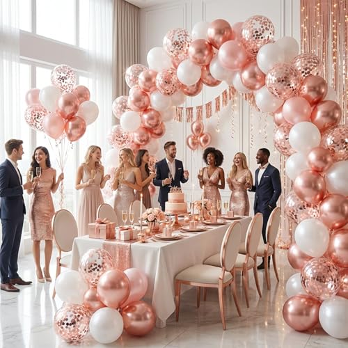Image of Hiquaty Rose Gold Balloons,60pcs Rose Gold and White Balloons 12 Inch,Rose Gold Ribbon for New Year Wedding Bridal Shower Party Decorations