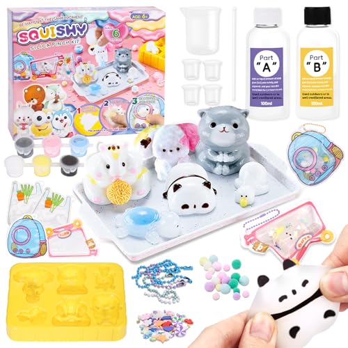 Crelloci DIY Animal Squishy Kit with Fast Cure Liquid Silicone 200g AB 1:1 Ratio Super Soft Rubber for Kids Stress Relief Toy Making 6-in-1 Animal Mould Gift Bags Beads & Complete Tool Set