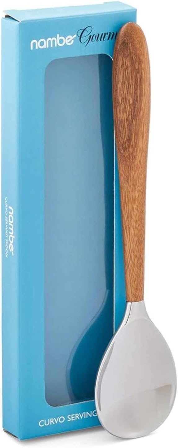 nambe Curvo Serving Spoon | 13 Inch Serving Spoon for Buffets, Salads, and Dinner Parties | Made of Stainless Steel and Acacia Wood | Designed by Steve Cozzolino