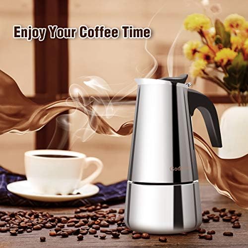 Godmorn Stovetop Espresso Maker, Italian Coffee Maker Moka Pot, 200ml/4 Cup (Espresso Cup=50ml), 430 Stainless Steel Classic Cafe Maker, Suitable for Induction Cookers