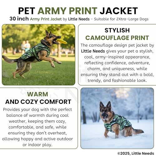 Image of Dog Jacket for Winter (Army Print, 30 Inch) | Camouflage Design, Waterproof & Windproof Polyester Coat with Fleece, Adjustable Velcro Closure, Warm Vest for Cold Weather