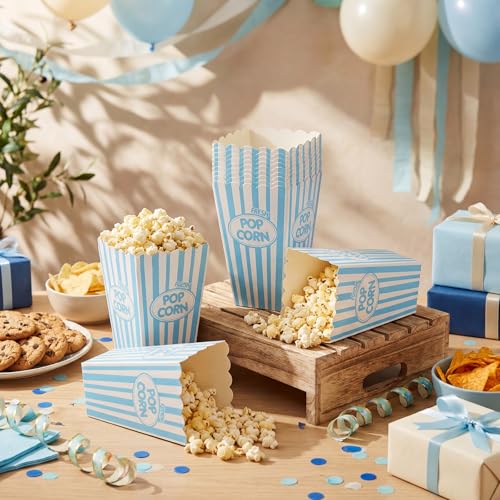 Image of Xinnun 100 Pcs Popcorn Boxes 32 oz Classic Stripe Paper Popcorn Buckets Bulk Disposable Oil Proof Container Vintage Retro Open Top Holders for Movie Night Supply Theater Carnival Party(Blue)