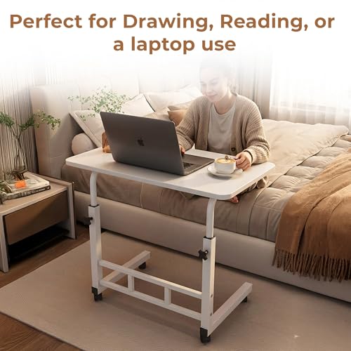 Image of HomeEssentials Multipurpose Mobile Laptop Desk: Height Adjustable Computer Table with Lockable Wheels - Portable Workstation for Bed, Sofa, and Home Office (Snow White)