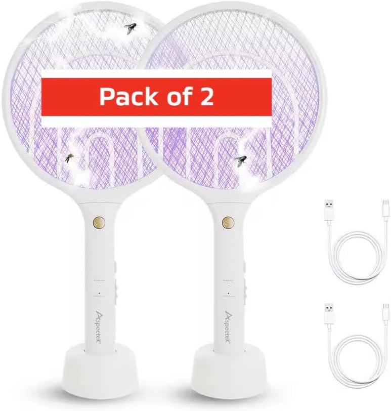 Electric Fly Swatter, 3000V USB Rechargeable Fly Killer Bug Zapper Racket with Charging Base, Home and Outdoor Mosquito Killer with LED Light for Mosquitoes, Flies, Bees, Moths pack of 2
