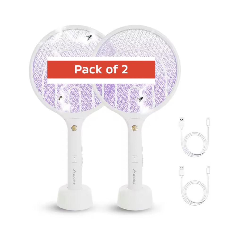 Electric Fly Swatter, 3000V USB Rechargeable Fly Killer Bug Zapper Racket with Charging Base, Home and Outdoor Mosquito Killer with LED Light for Mosquitoes, Flies, Bees, Moths pack of 2