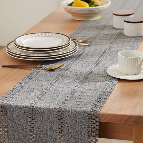 Image of ZeeMart Macrame Style Boho Table Runner, 12x90 Inch Grey | Woven Boho Table Runner with Handmade Tassels, Crochet Hollow Table Scarf, Farmhouse Kitchen Home Decor Dresser Runner