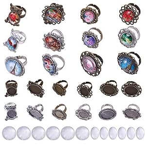 SUNNYCLUE 24pcs Mixed Adjustable Ring Blanks Cabochon Rings Making Kit Finger Ring Settings Clear Glass Cabochons Oval Round for Ring Making Adult Crafting, Antique Silver Bronze