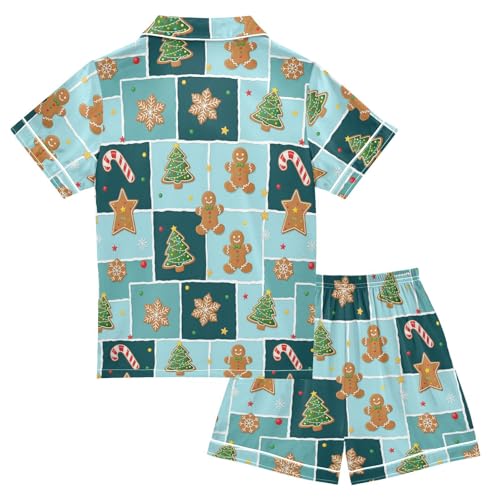 Satin Pajama Sets Short Sleeve Winter Gingerbread Themed Christmas Button Down Silky Nightwear 2 Piece PJS 5-14Y2