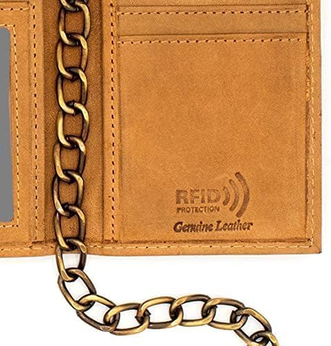 Long Trifold Chain Wallet for Men leather Checkbook Cover, RFID Blocking chain wallet Card Slots, Zipper Coin Pocket - Biker Stainless Chain Design in the U.S.A - Side Slip Bill Slot J212B Tan4