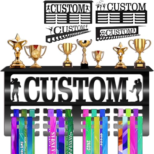 WolunLi Personalised Medal Hanger Display with Name Text Custom Steel Medal Holder for Wall with Shelf Medal Rack for Awards Ribbons Running Soccer Race Baseball Football Style 1 - with Shelf