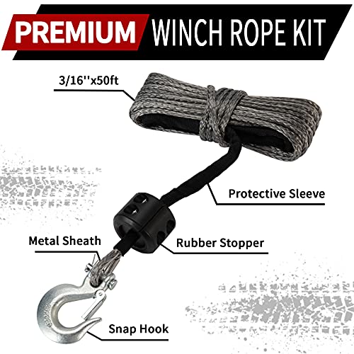 TYT 3/16" x 50 ft Synthetic Winch Rope, 5MM x 15M Winch Line Cable Rope