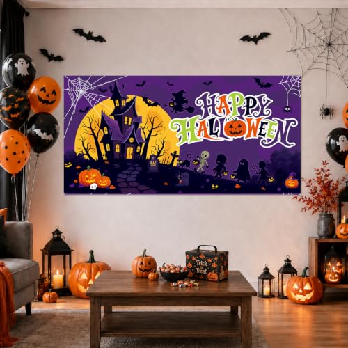 Image of Halloween Decorations Outdoor, Halloween Backdrop 65 inch x 32.7 inch Plastic Banner for Wall and Window, Spooky Party Decor, Indoor Outdoor Use, Outdoor Halloween Decorations, Trick or Treat Supplies