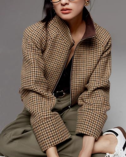 CHARTOU Women Cropped Wool Jacket Houndstooth Plaid Fall Winter Peacoat Outwear4