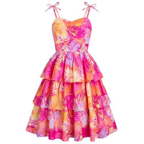 HOZIY Girls Summer Dress Teen Spaghetti Strap Ruched Sweetheart Short Dresses Kids Junior Ruffle Tiered Sundresses 7-16 Years 9-10 Years Hot Pink Floral