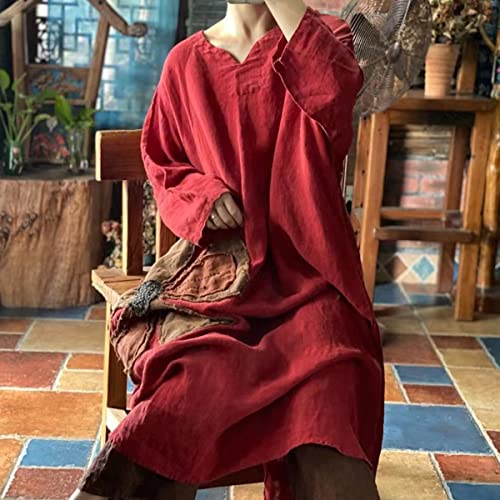 NFYM Women's Kaftan Dresses V Neck Linen Vintage Handmade Applique Flower Loose Maxi Robe Dress3