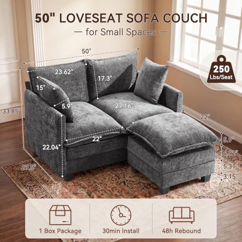 Image of 50 inch Loveseat Sofa with Ottoman, Cloud 2-Layer Cushion & 27 inch Deep Seat, Modern Love Seat Small Couch with 2 Washable Pillows for Small Spaces, Bedroom, Apartment, Office, Living Room, in a Box, Grey