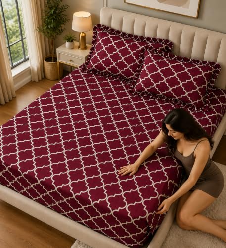 Image of Elastic Fitted King Size Bedsheet Cotton for Double Bed | 72 inchx78 inch +10 Inch, Floral, Soft & Breathable, Fade & Shrink Resistant, 2 Pillow Covers (Dark Maroon)