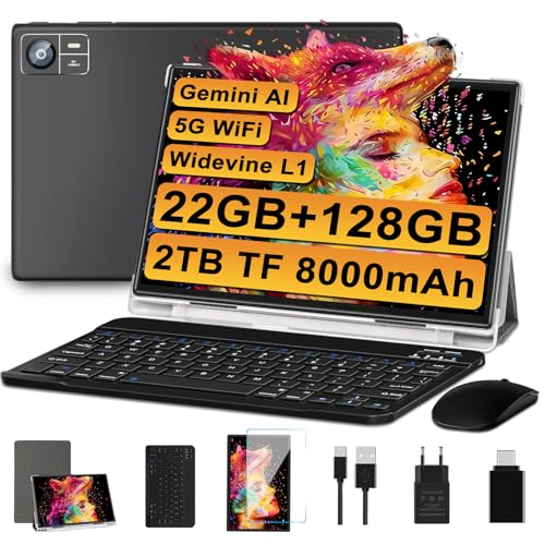 SUAAT Tablette 2025 Nouvelle 10 Pouces Android 14 avec 22Go RAM 128Go ROM (1To TF Extensible), WiFi 2.4G/5G, 8-Cores, 8000mAh, 8MP+5MP, Widevine L1, Tablette Tactile avec Clavier| Souris| Etui-Noir