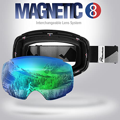 Outdoormaster Ski Goggles Pro - Frameless, Interchangeable Lens 100% Uv400 Protection Snow Goggles For Men & Women (Black Frame Vlt 18% Grey Lens With Full Revo Green And Free Protective Case) #TOP1