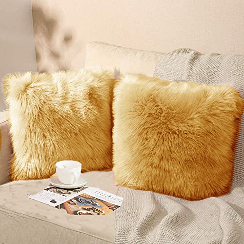 Image of Fur Cushion Pillow Cover for Set of 2 Pillow - 13x13 Inches (Gold)