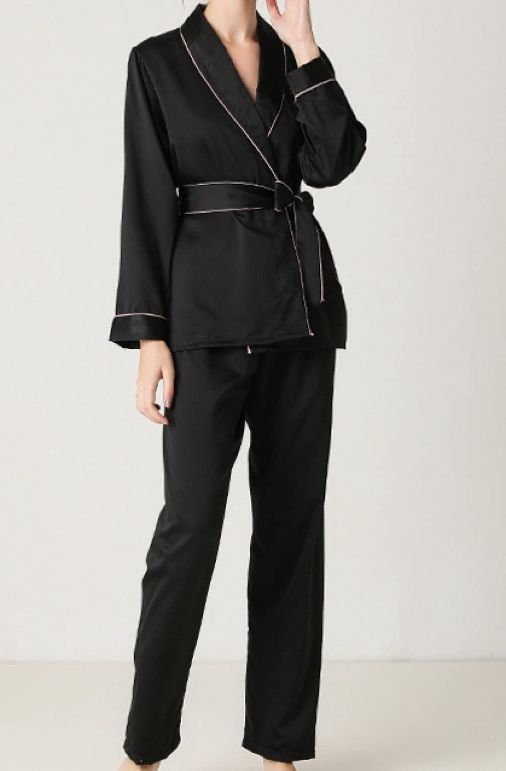 Ensembles De Pyjama Femme,Noir Revers Cravate Taille Femmes Polyester Pyjama Ensemble Femmes Confortable À Manches Longues Pyjama Deux Pièces Ensemble Festival Cadeau pour Soeurs Épouse Peti