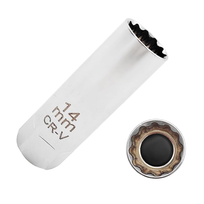 Soquete magnético para vela de ignição YTFRL 14 mm, encaixe de 9,5 mm (3/8 pol.), 12 pontas, aço cromo-vanádio