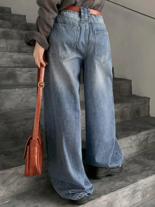 Image of KOTTY Women Trendy Wide Leg Jeans High Waist Baggy Fit Denim Streetwear Jeans