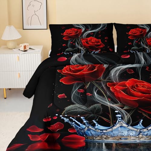 Image of QOOMO 3Pcs Red Rose Comforter Set Full Size,Blue Crown Bedding Set for Teens Boys Girls,Black Comforter with 2 Pillowcases,Soft and Lightweight