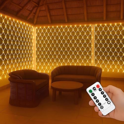 Image of K DK D 10 FT X 10 FT Net Mesh Light - 200 LED Warm Yellow Waterproof Serial String Light with Remote & 8 Modes | Mesh Curtain Lights for Balcony, Garden, Patio, Indoor Outdoor, Diwali Decoration