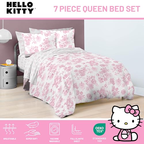 Image of Jay Franco Comforter Set Includes Sheets and Pillow Covers - Soft and Cozy Bed Set for Stylish Room Decor, Official Licensed Bedding, Multi - Hello Kitty, 7 Piece Queen