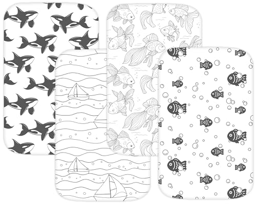 Image of TansyPanda Bassinet Sheets for Mika Micky, Cuddor, Evolur Bedside Sleeper, Pack of 3, 19 x 32 Inch, Ultra Soft, Breathable, and Snug Fit, Unisex Boys and Girls, Gray and White (Ocean Fish Theme)