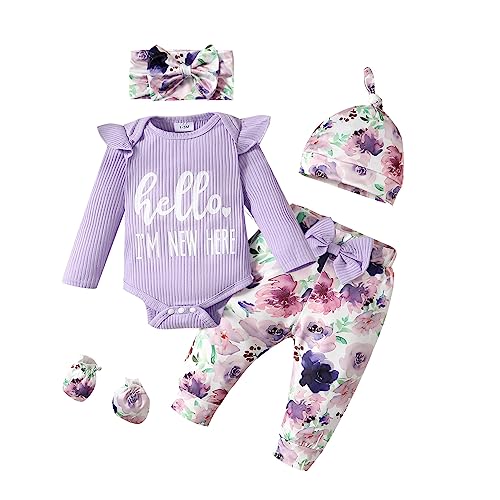 Image of Sinhoon Newborn Baby Girl Clothes Hello I'm New Here Letter Romper+Floral Pants+Hat+Headband+Coming Home Outfits