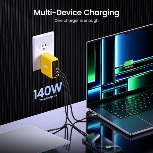 Image of AOHI Magcube 140W USB C Charger PD3.1 3-Port GaN+ Laptop Wall Charger 100W Fast Charging Power Adapter Foldable Plug for MacBook Pro 16'', Dell XPS, iPad Pro, Galaxy, iPhone 17 Pro, Chromebook, Yellow