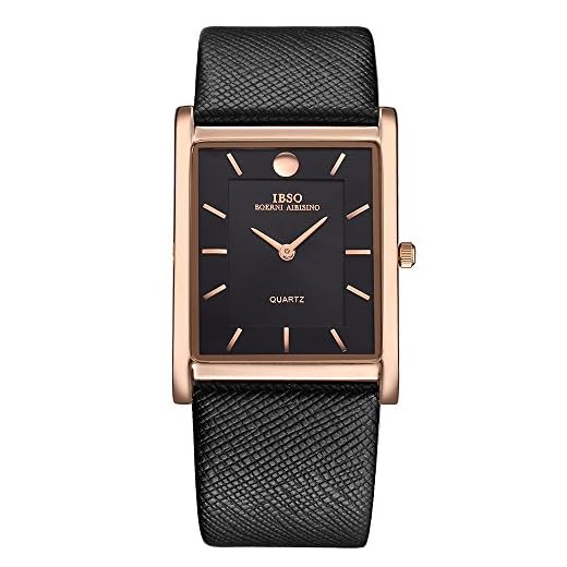 IBSO Men Watches 7MM Ultra-Thin Rectangle Dial Watch Classic Quartz Wristwatch (Black Gold)