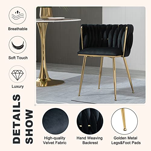 Nioiikit Modern Velvet Dining Chairs Set Of 2 Hand Weaving Accent Chairs Living Room Chairs Upholstered Side Chair With Golden Metal Legs For Dining Room Kitchen Vanity Living Room(Black) #TOP2