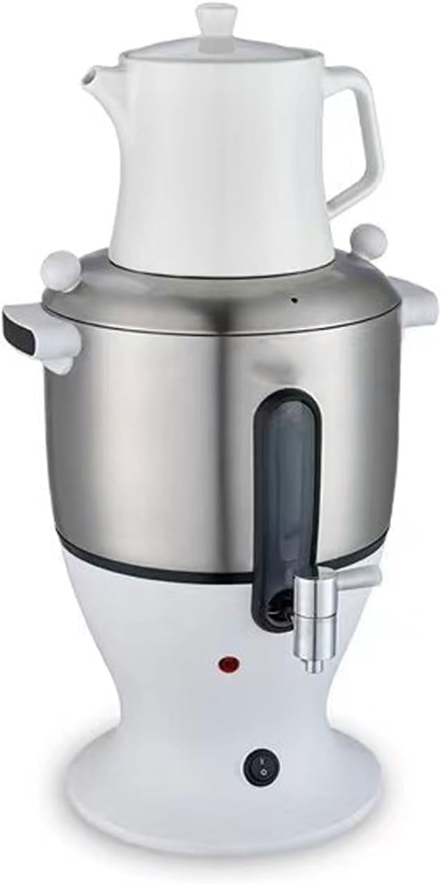 Samovar Turco Elettrico da 6 Litri - Bollitore A Doppia Pentola in Acciaio Inox con Infusore da 1500 W E Funzione di Mantenimento in Caldo per Una Preparazione del tè Perfetta. White