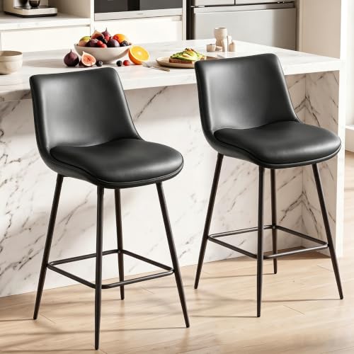 Image of Counter Height Bar Stools Set of 2, FSC Certified Upholstered Faux Leather Barstools with Back, Metal Base, 27 inch Seat Height, Modern Upholstered Counter Stools for Kitchen Island,(Black