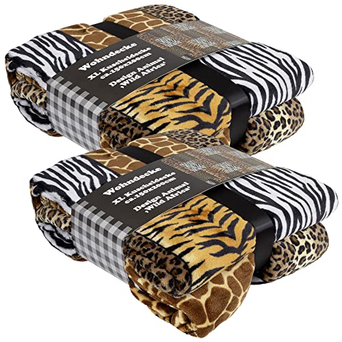 Trendyshop365 Kuscheldecke Africa Animal 150x200cm Tierfell Wohndecke XL Qualität 300g/qm Zebra Giraffe Leopard (2 Stück)