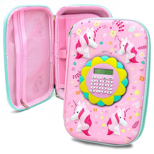 Image of VGRASSP Unicorn Theme Stationery Pencil Case for Kids with Mini Calculator - 3D EVA Zipper Pouch with Multi Storage Compartments - Fun School Stationery Organizer - Multicolor